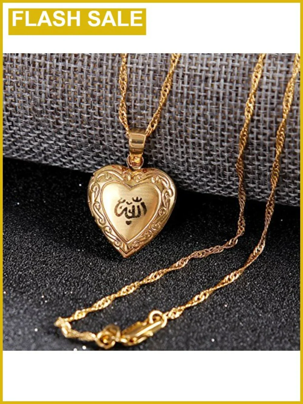 24K Gold Plated Allah Open Heart Pendant Necklace 50cm Water Wave Chain